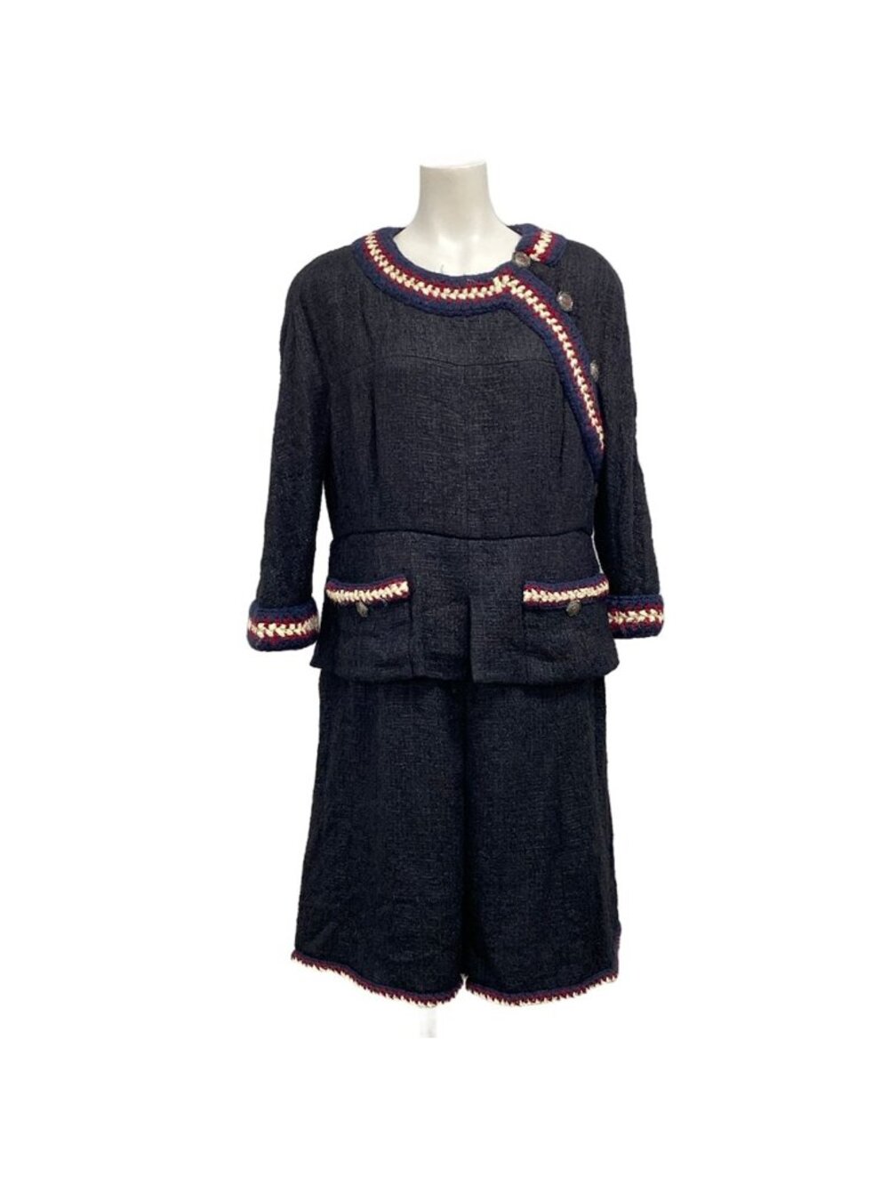 Chanel Dress L Dark Navy White Bordeaux Cotton 44